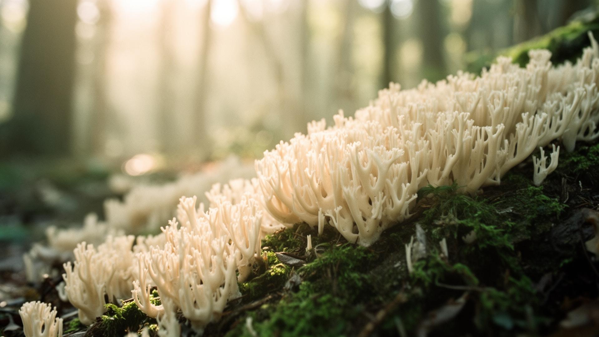 Soft morning light through forest mycelium and moss